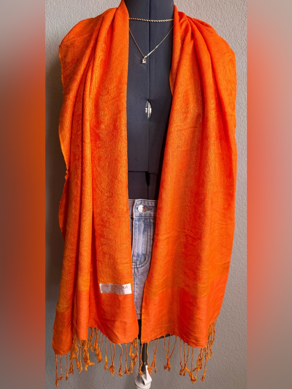Pashmina Bright Orange Tassel Paisley Wrap Scarf